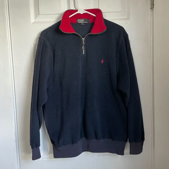 Vintage Polo Ralph Lauren Men's Navy Blue 1/4 Zip Fleece Red Pony - Sz. S - Picture 1 of 7